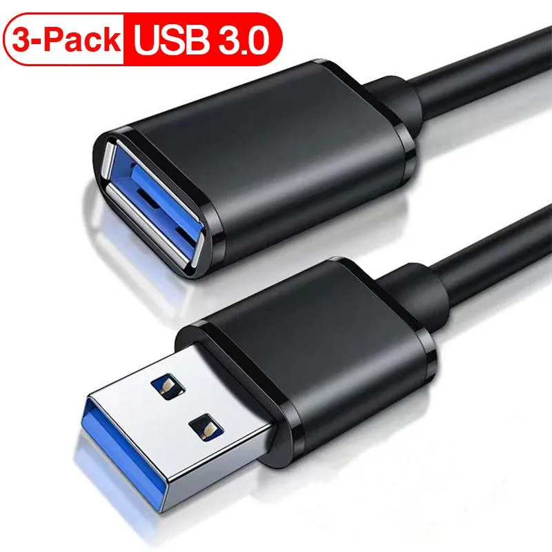 Three black USB 3.0 A male to female extension cables, each ten feet long