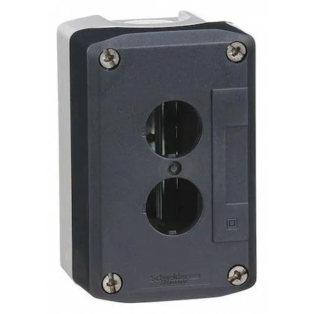 Gray polycarbonate pushbutton enclosure, two 22 mm holes, 4.1 by 2.68 by 2 inches