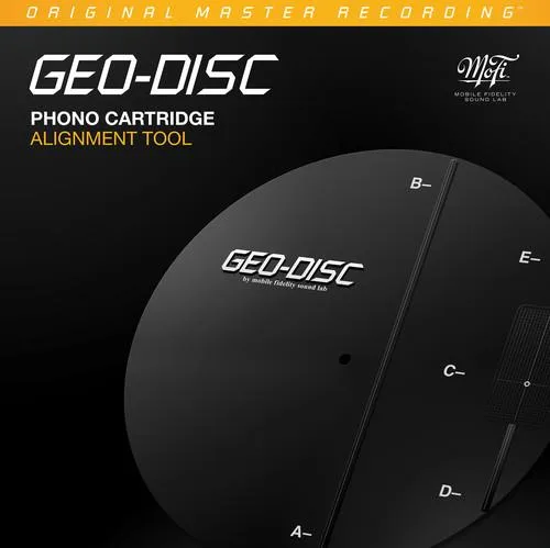 A multicolour full-size disc printed with a Baerwald alignment curve, shown on a turntable platter