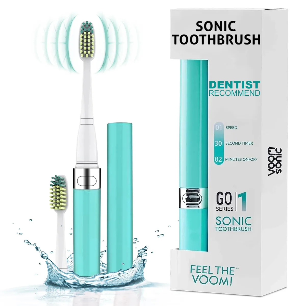 Slim blue electric toothbrush with vented cap and extra brush head