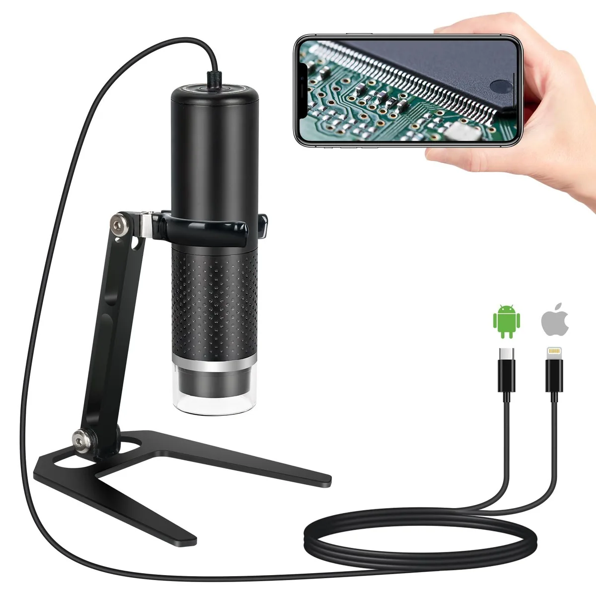 AUTO-VOX USB digital microscope, blue plastic, 31 inch cable with Lightning and USB-C plug, metal stand