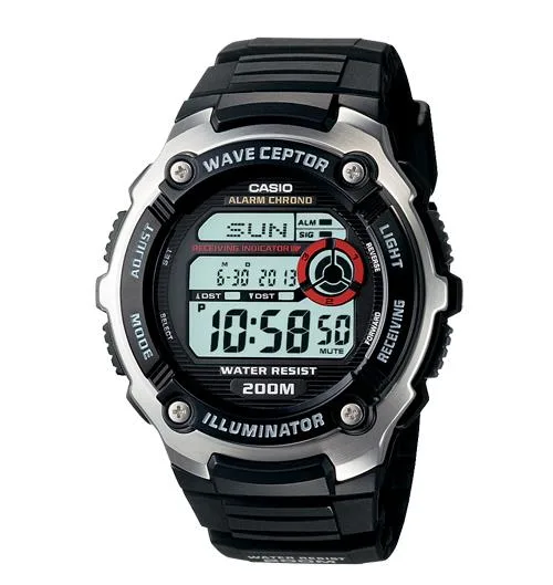 Black round digital watch with resin case and strap, LCD display, buckle closure