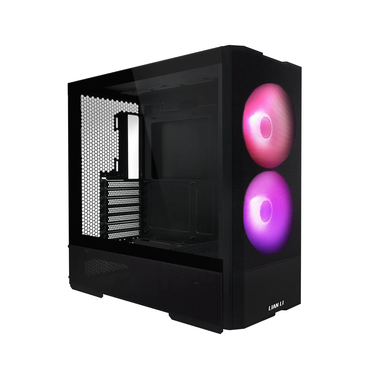 Black mid-tower ATX case with tempered glass side panel and four pre-installed fans