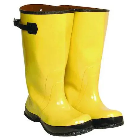 Yellow rubber overboots, plain toe, cleated sole, 17 in height, pull on, size 10