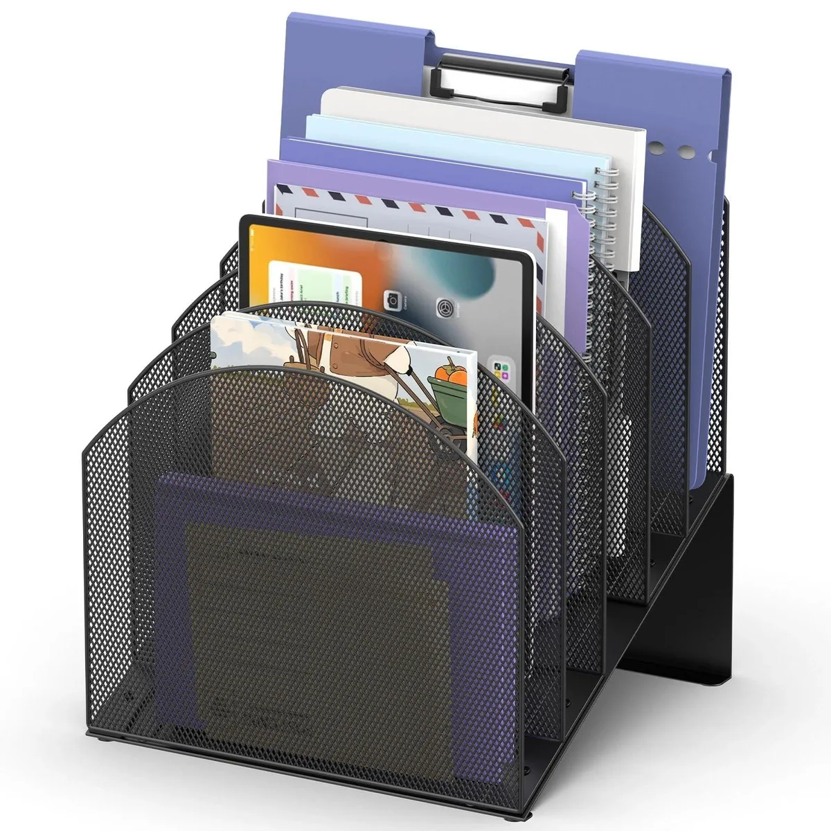 Black powder-coated metal mesh desk organiser with five tiered compartments