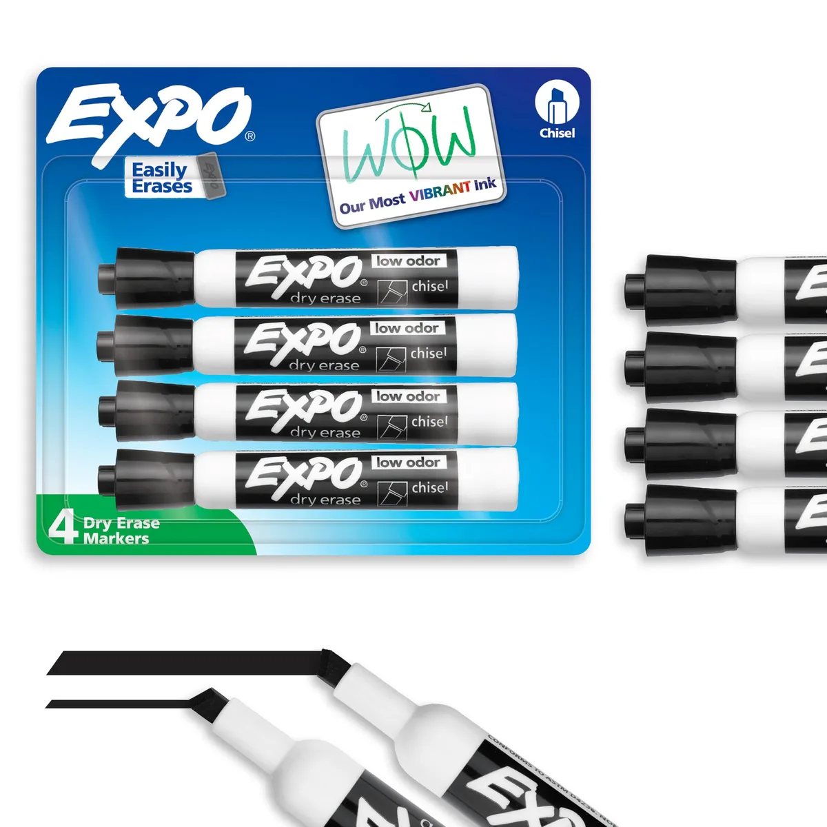 Four black EXPO whiteboard markers with chisel tips