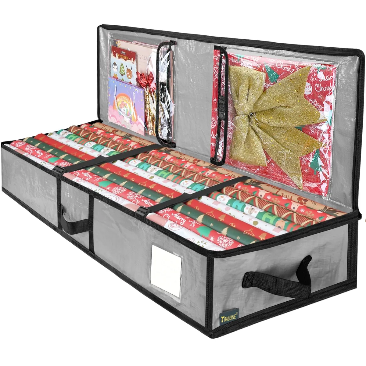 Grey soft PE storage bag 40 inches long with flexible partitions and clear pockets