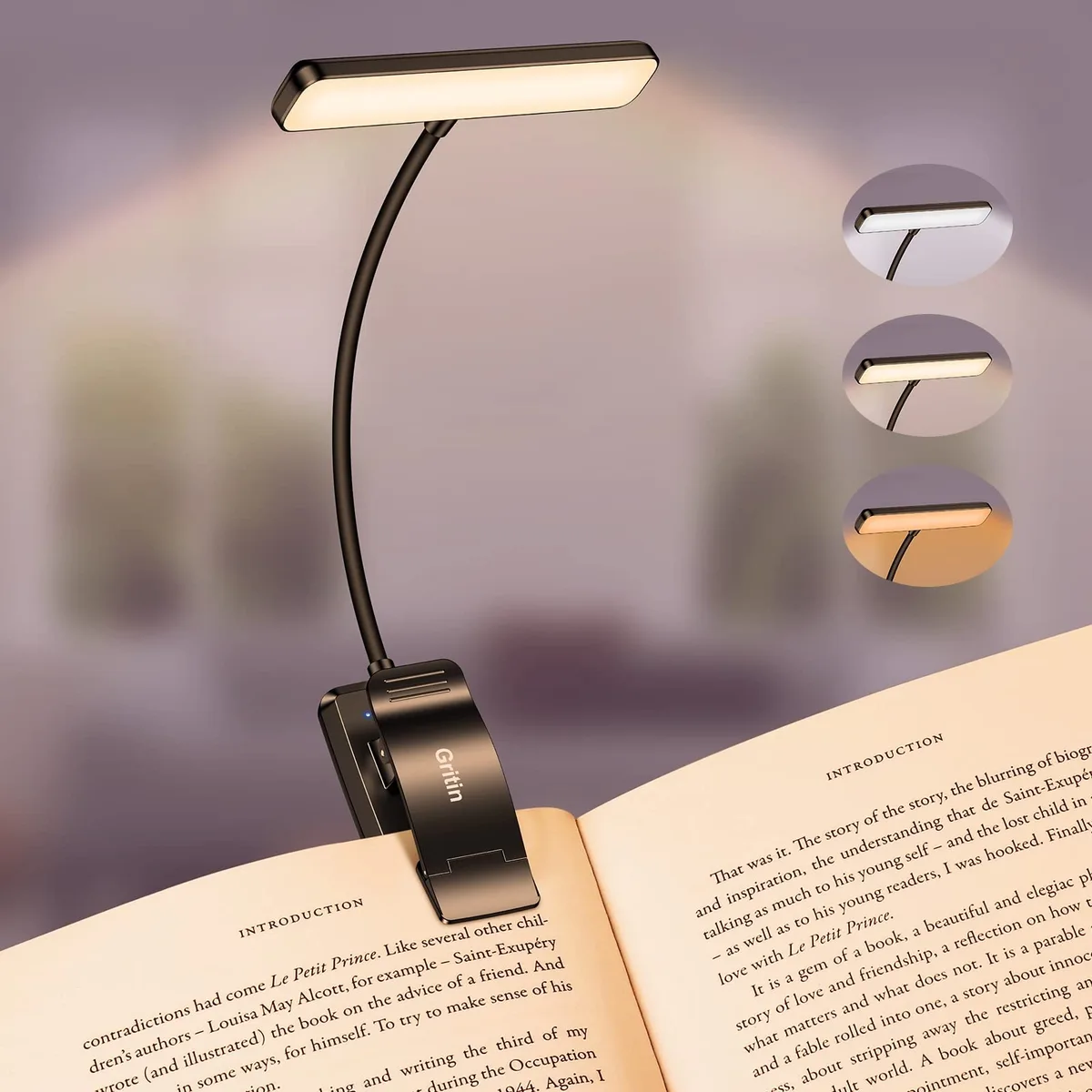 Gritin rechargeable book light with 19 LEDs on a flexible gooseneck and clip base