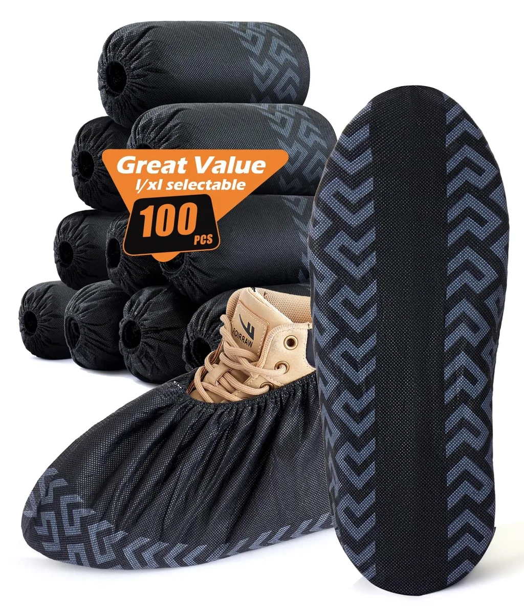 Black disposable non-slip shoe covers in a 100 pack XL size