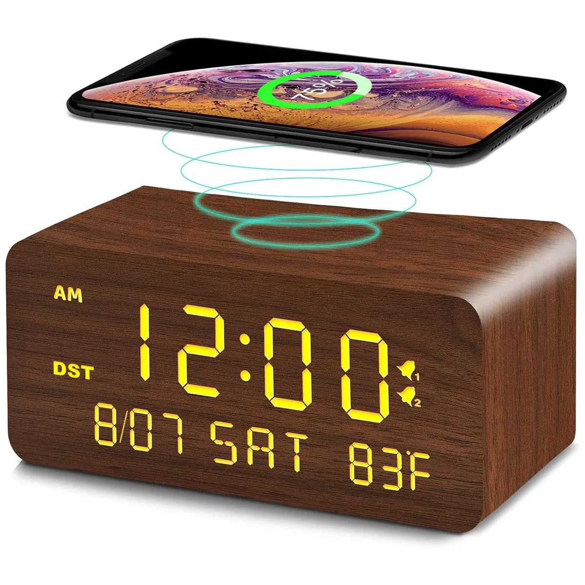Brown wooden digital alarm clock with wireless charging pad and LED display