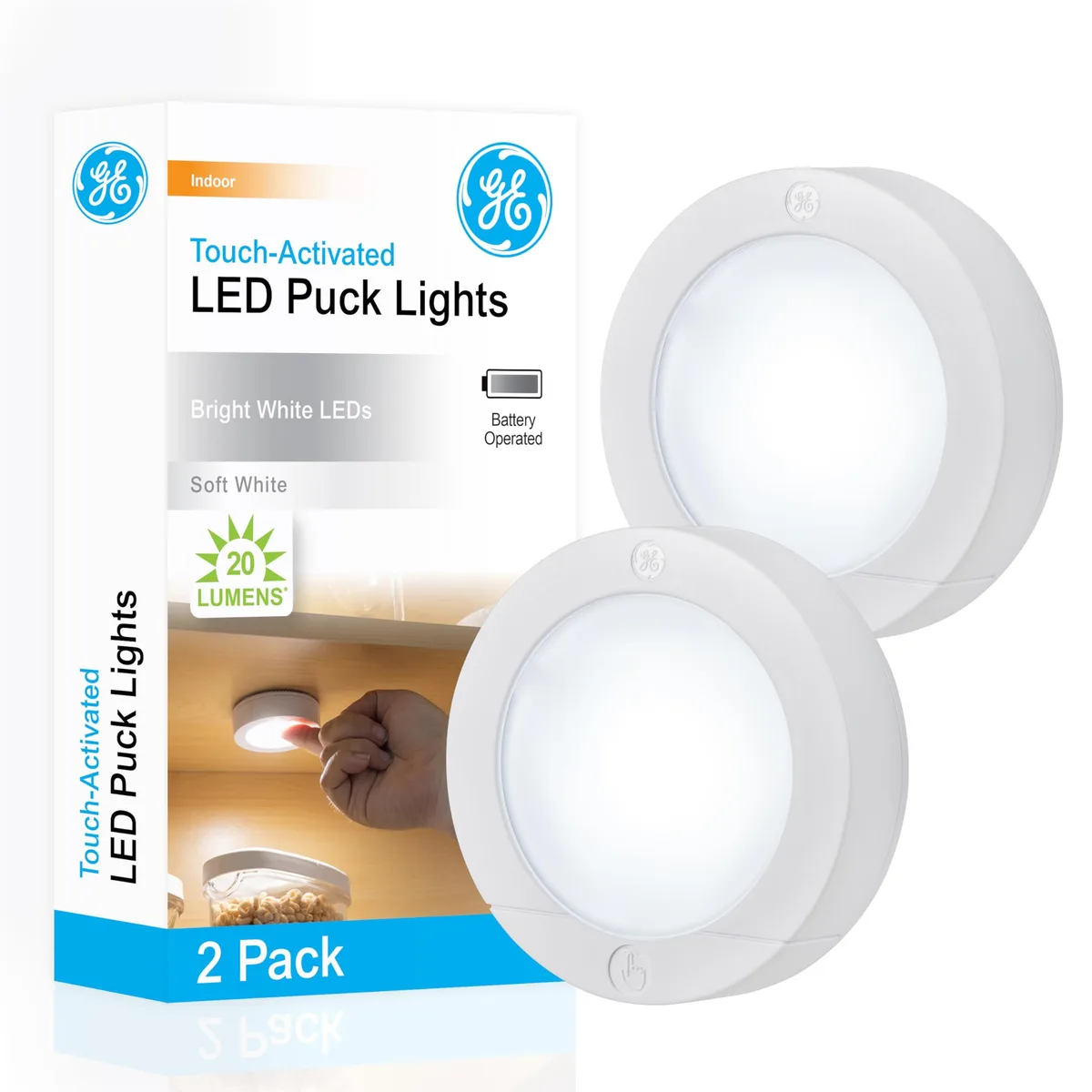 Two rectangular copper-finish plastic puck lights with touch-activated lenses