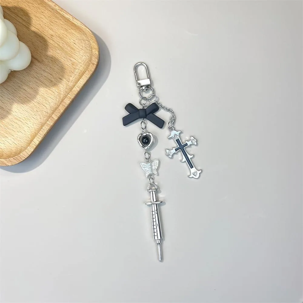  Phone Charm Lanyard Y2K Black Cross-Bow Beads Silver Black — product photo