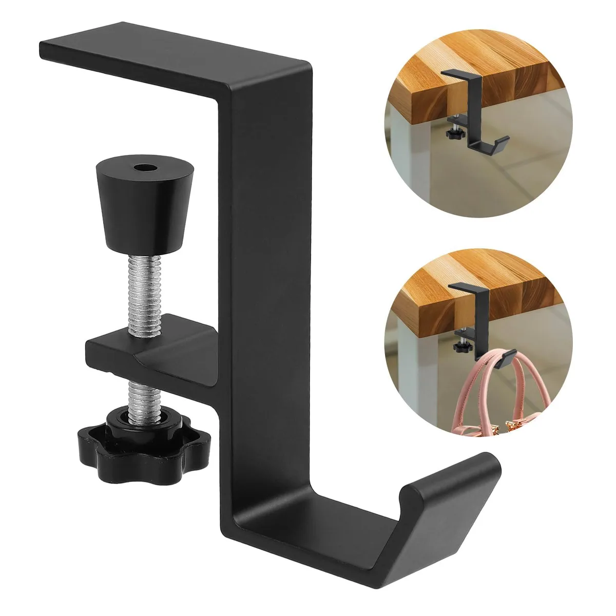 Black aluminium desk hook, 11 cm tall, clamp adjusts to 4.5 cm