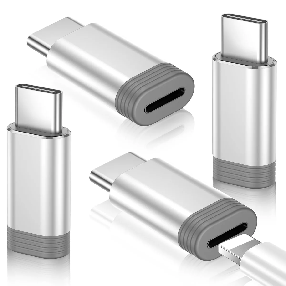 Four silver Lightning to USB C adapters with silicone sleeves