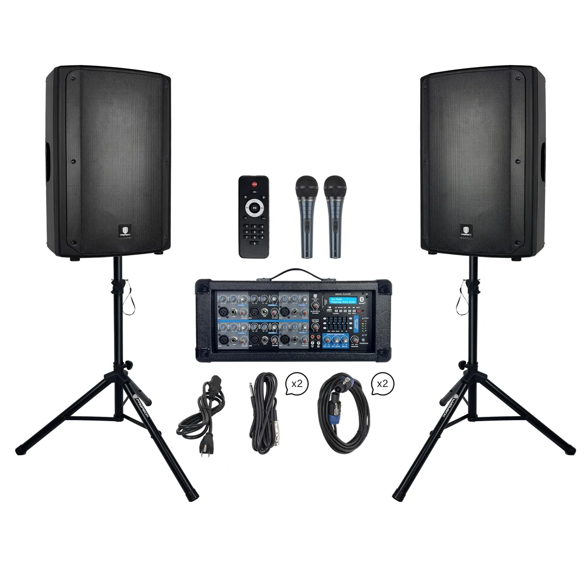 PRORECK PRORECK Delta 156 2000W PA Speaker System with 6-Channel Mixer, 2 15-Inch Passive Speakers, Stands — product photo