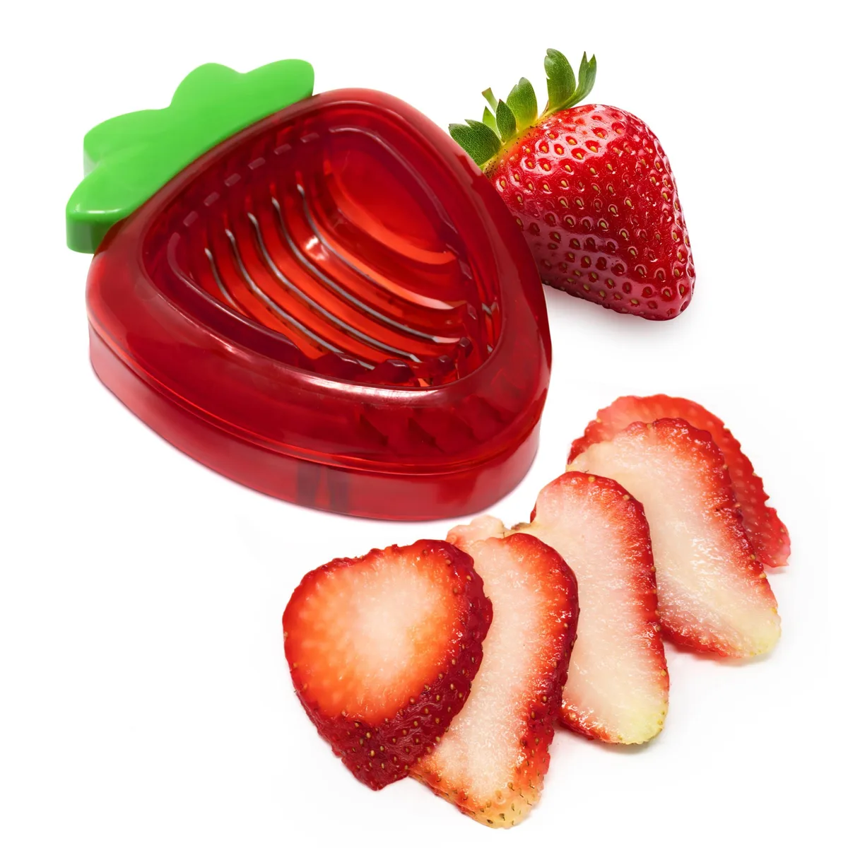 Red plastic strawberry-shaped slicer with stainless steel blades, 3.5 x 2.7 x .75 in