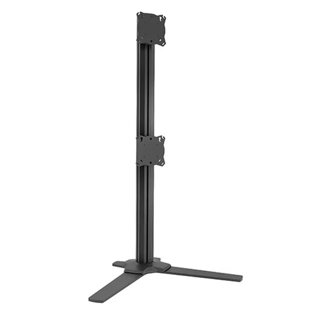 Black free-standing table mount holding two screens side by side