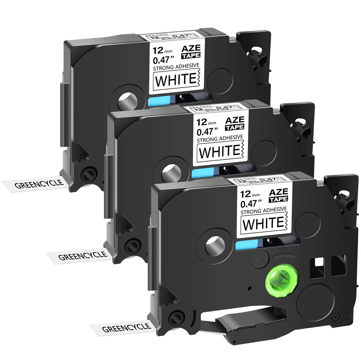 GREENCYCLE GREENCYCLE AZE-S231 12mm Black on White label 3 pack — product photo