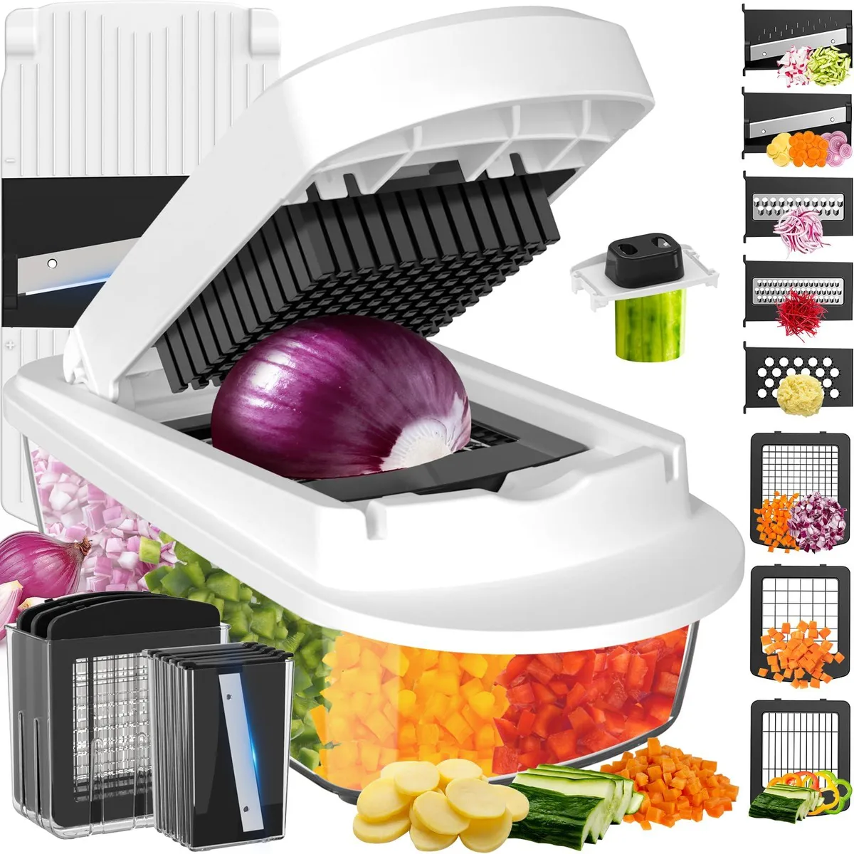 White compact food processor with container and eight stainless-steel blades