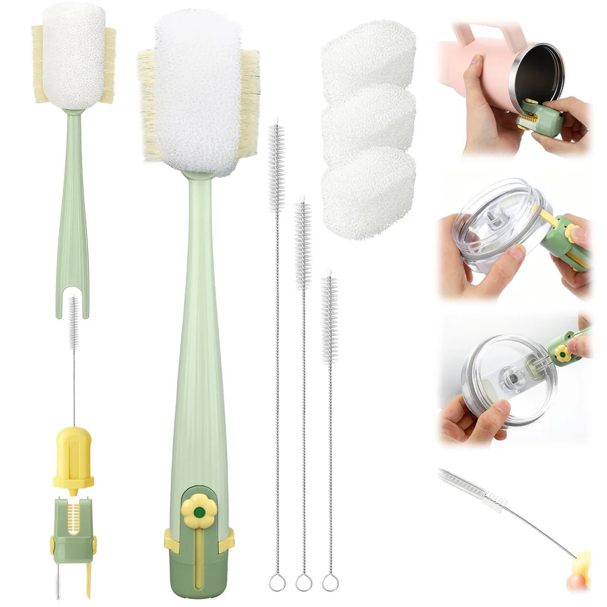 Seven-piece bottle cleaning brush set with interchangeable heads and straw cleaners