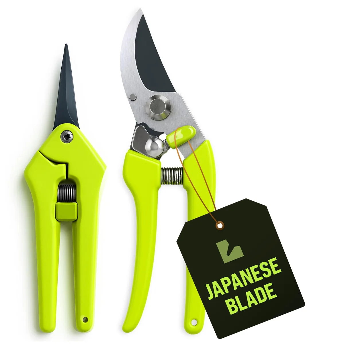 Two green-handled stainless steel bypass pruning shears lying side by side