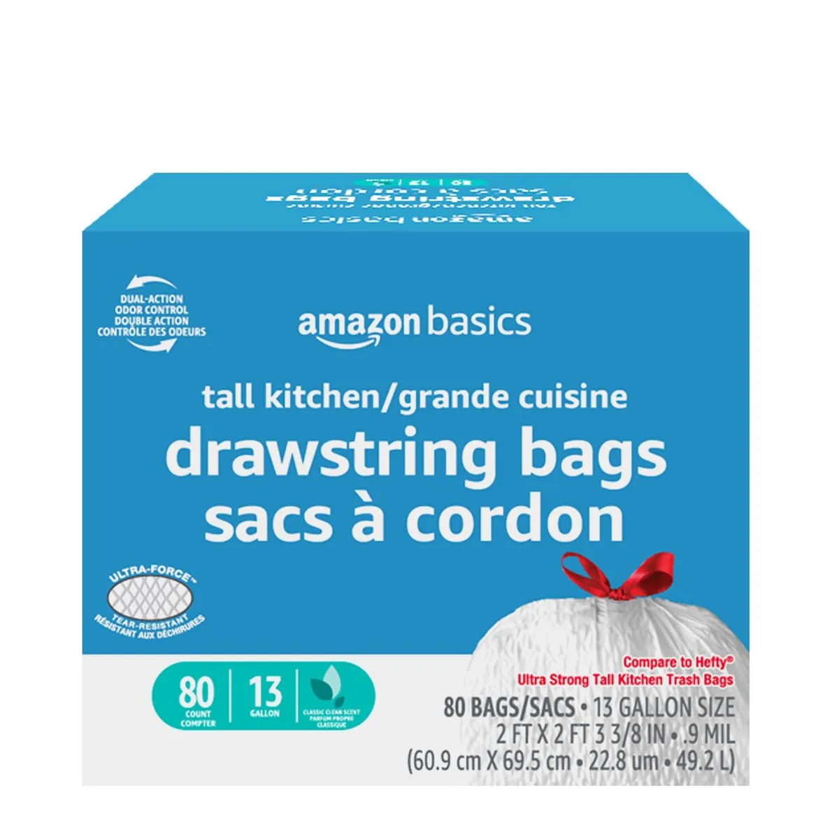 White plastic trash bags on roll, red drawstring closure, 13 gallon capacity, 80 count pack