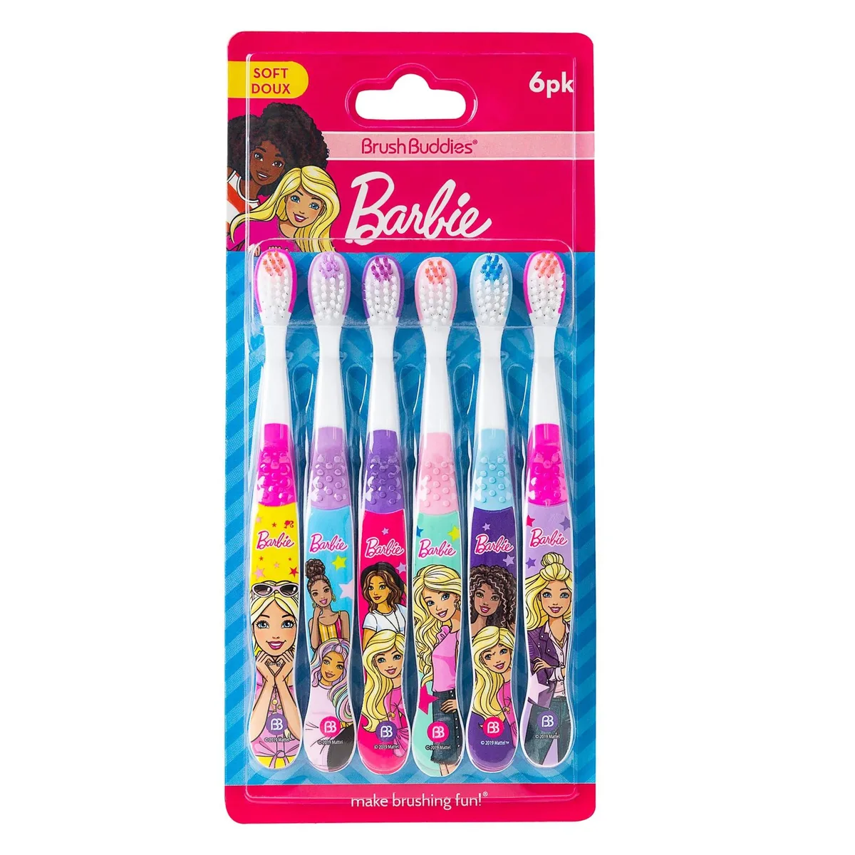 Six Barbie-themed manual toothbrushes with soft bristles and colourful ergonomic handles