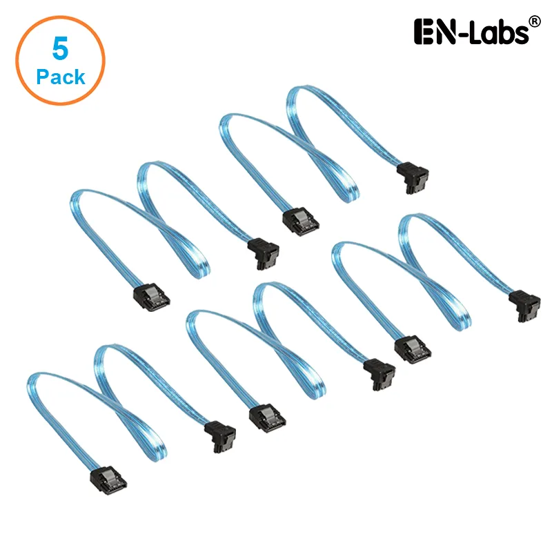 EN-Labs EN-Labs 5PKSATAIII45CMBL90 5-pack SATA cable UV Blue 18" 90° locking latch — product photo