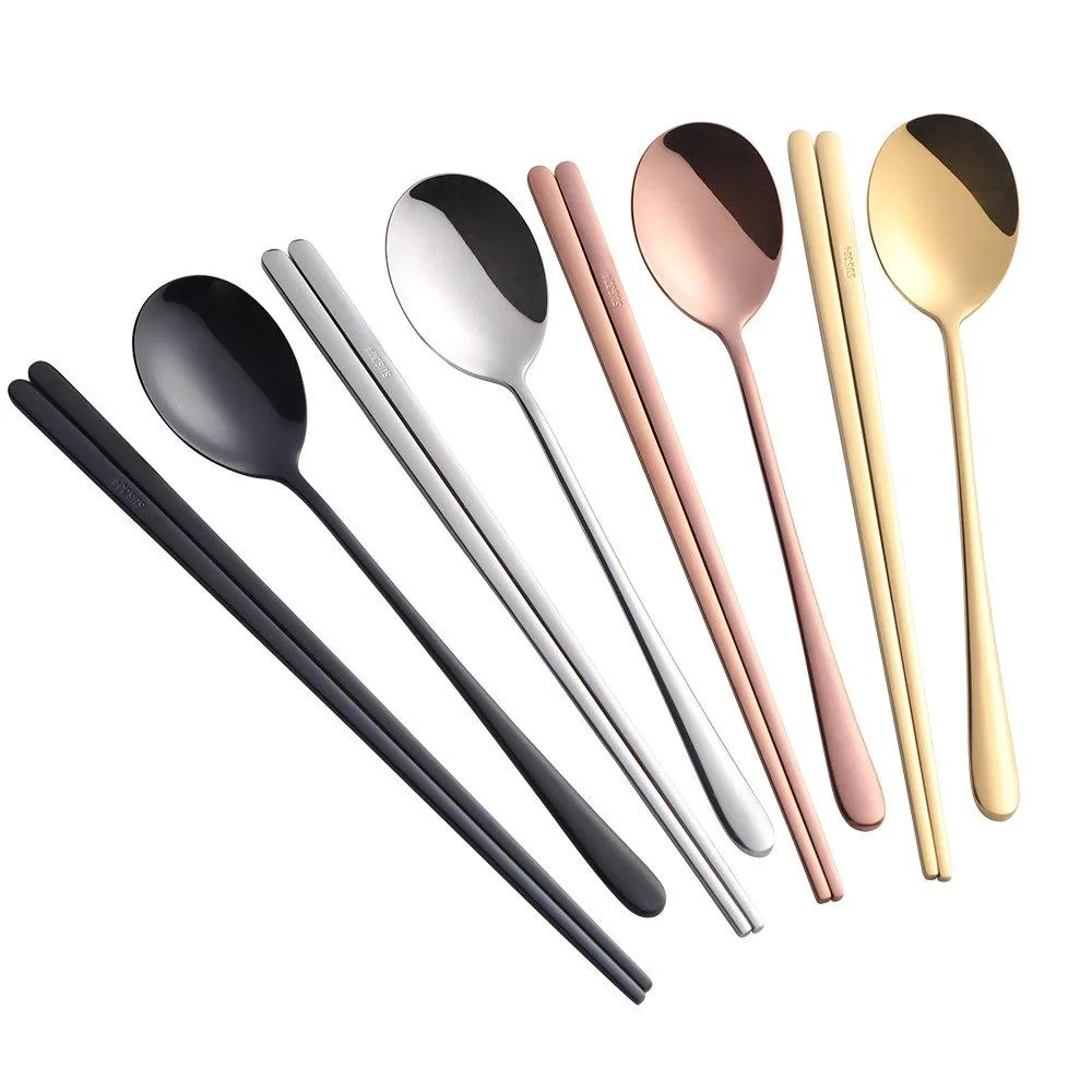 Four black stainless steel Korean spoon and flat chopstick sets in a rectangular box