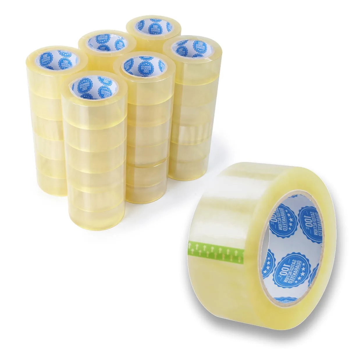 Clear packing tape, 36 rolls on a shelf, each 2 inches wide and 110 yards long with 2.0 mil thickness