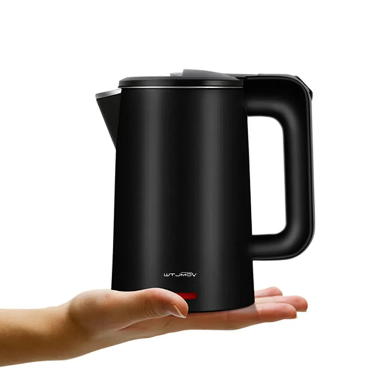 Black 0.8L stainless steel electric kettle on 360° swivel base