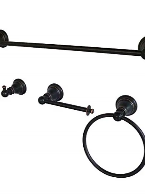 Four-piece bathroom accessory set in Naples Bronze finish, 18-inch towel bar, ring, robe hook, toilet paper holder