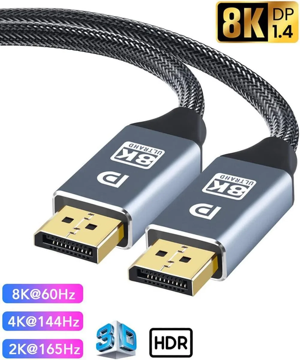 A black braided DisplayPort cable with gold connectors, 3.3 ft long