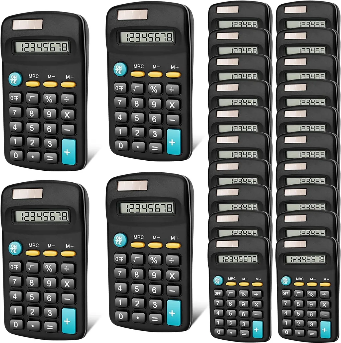 Twenty-four black ABS plastic pocket calculators with 8-digit LCD displays and dual solar-battery power