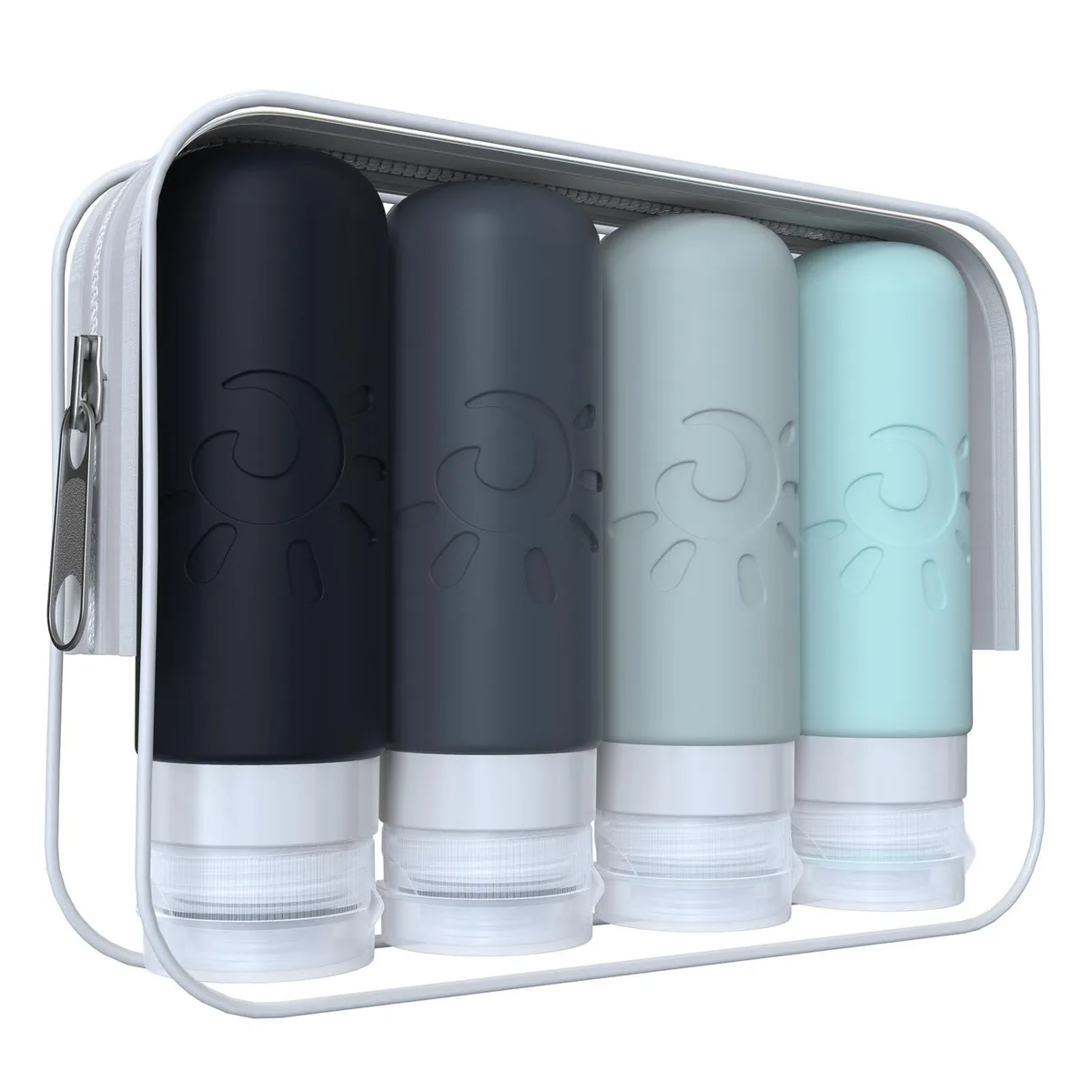 Four small opaque silicone bottles in different colours, cylindrical with wide mouths, inside a clear zippered pouch