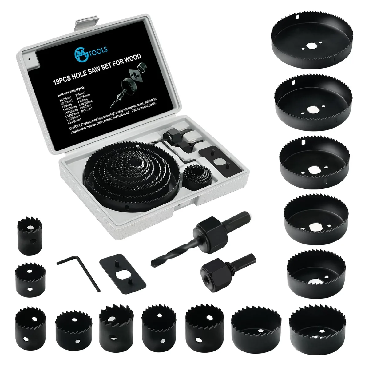 Black steel 19-piece hole saw kit in storage case, blades 19 to 127 mm