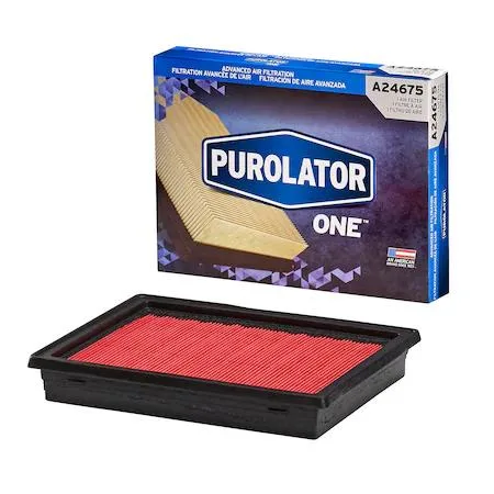 Rectangular pleated paper air filter with white frame and orange Purolator branding