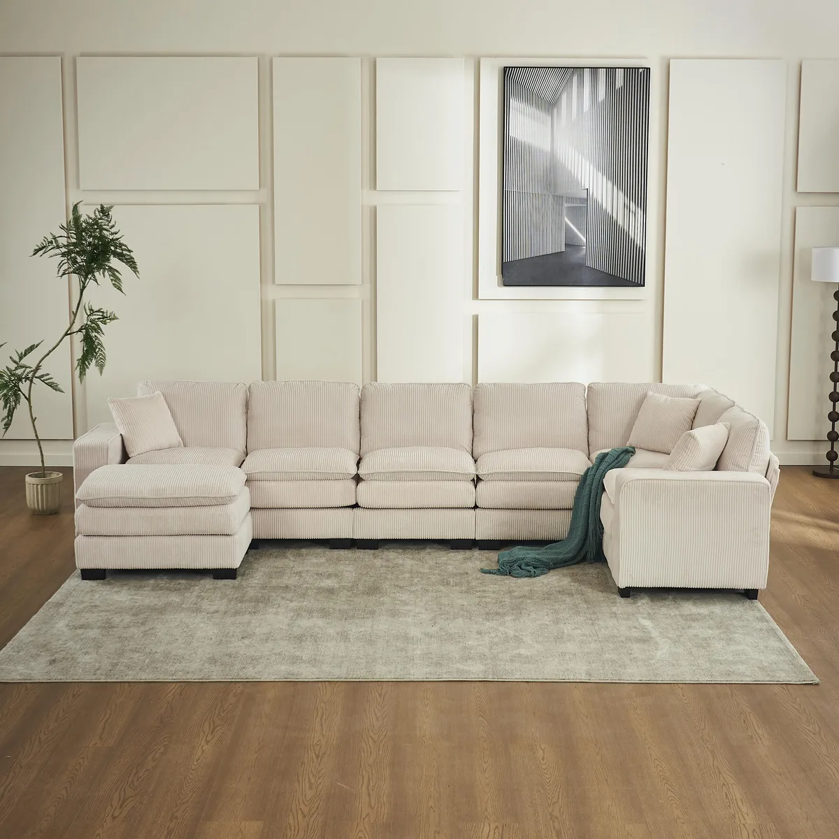 tuphen tuphen Modern U Shaped 6-seat Sectional Sofa Couch with Ottoman and 3 Pillows Corduroy White — product photo