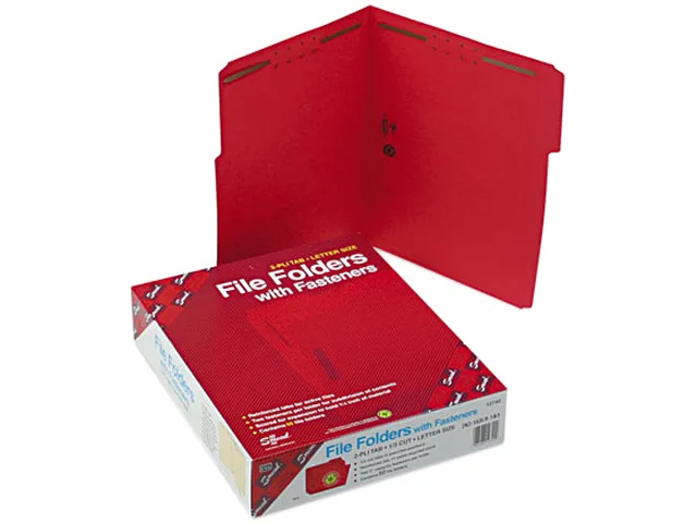 Red letter-size file folders with two fasteners and assorted tabs, 50 per box