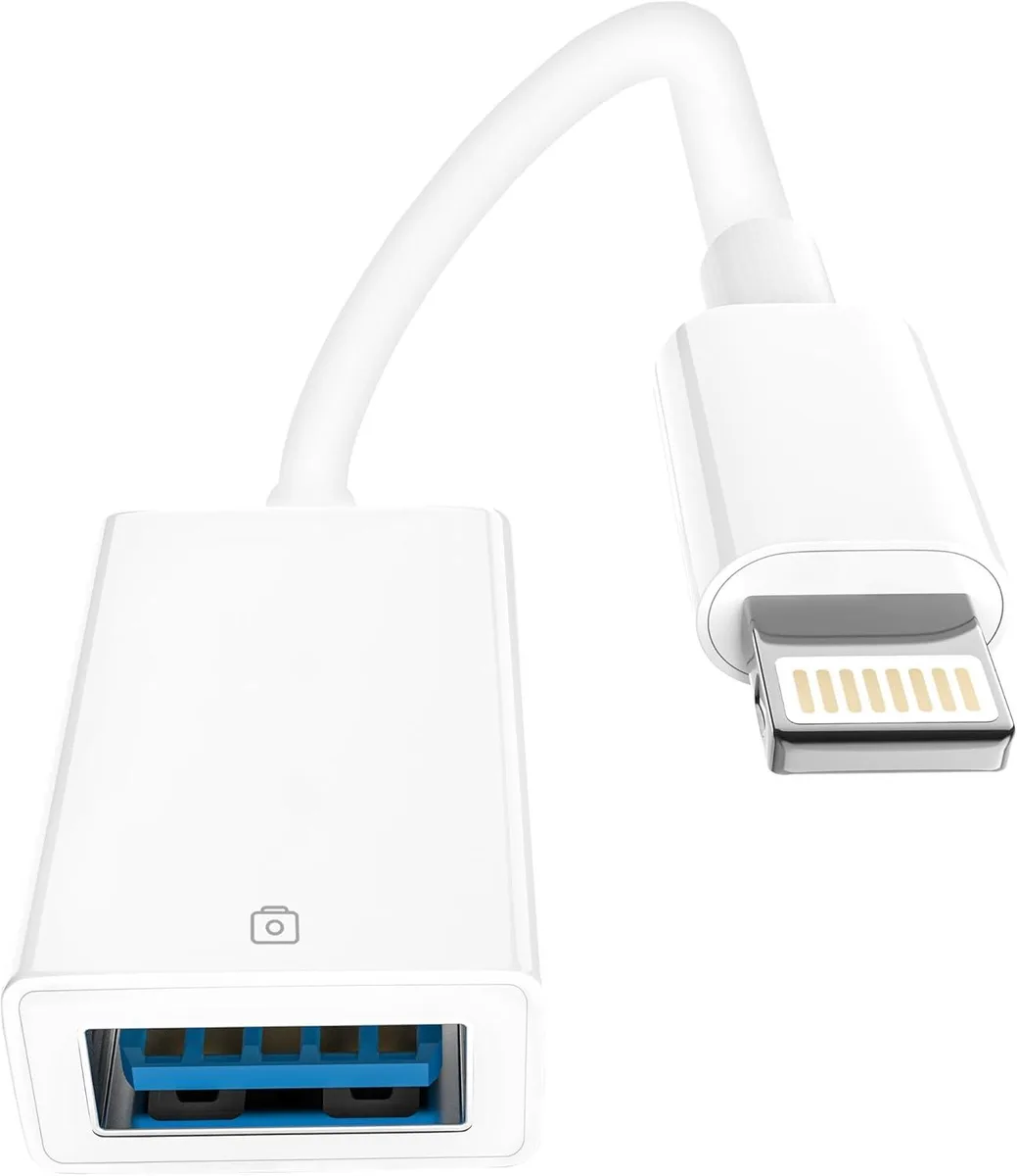 White Lightning to USB-A adapter, compact rectangular body with male Lightning plug and female USB-A port