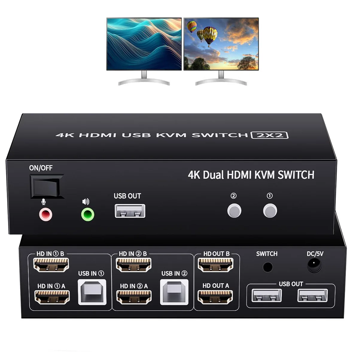 Compact black KVM switch with push button and wired remote, two HDMI outputs, five USB 2.0 ports