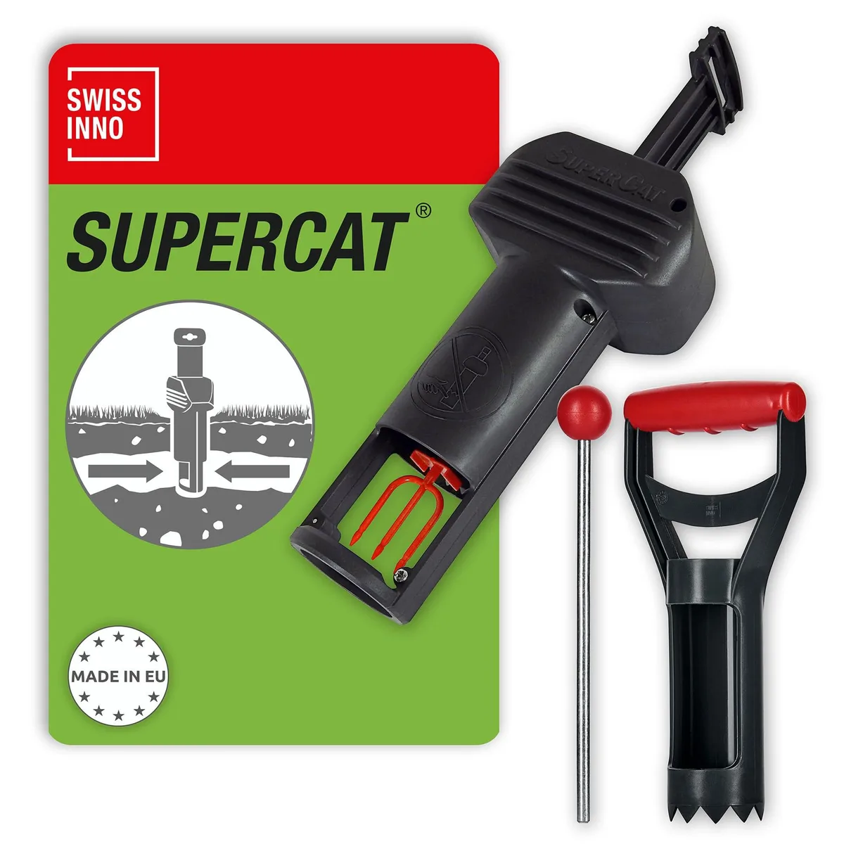 A tunnel trap with dual triggers and a two-piece install kit including a 25 cm probe and cutter