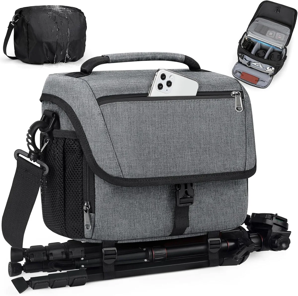 Grey rectangular camera sling bag with front zip pocket, side mesh pockets, top handle and adjustable shoulder strap