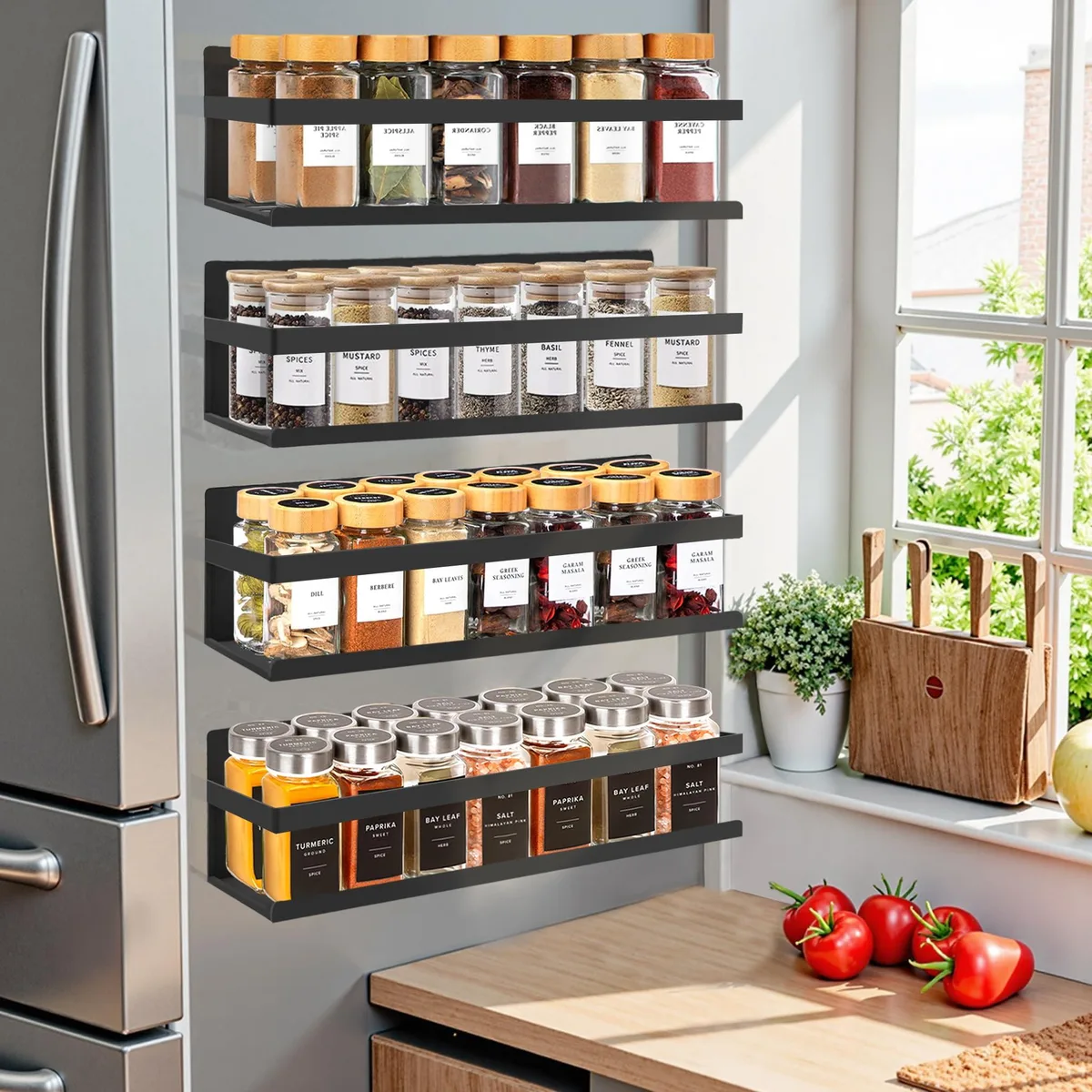 Four red two-tier magnetic spice racks on a fridge side