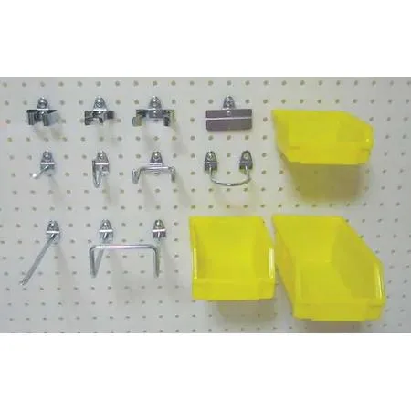 Twenty-piece zinc-plated steel pegboard hook kit with silver and yellow finishes
