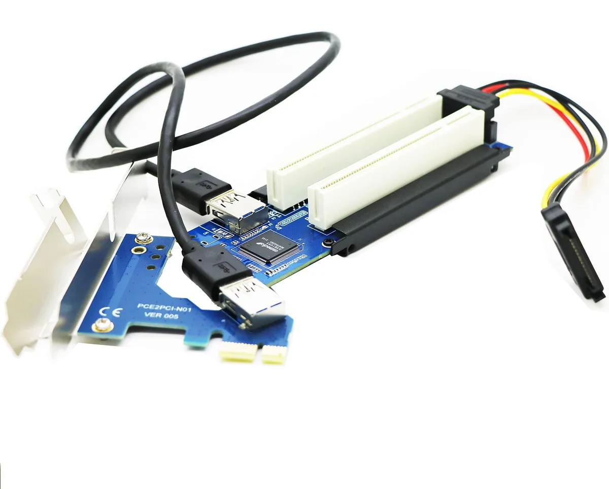 Green circuit board with two white PCI slots, black PCIe x1 edge connector, right-angled SATA power cable