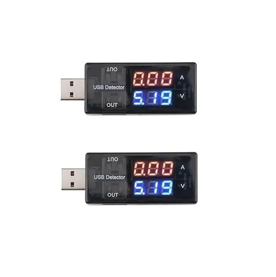 Two small USB-A testers with red and blue LED displays showing voltage and current