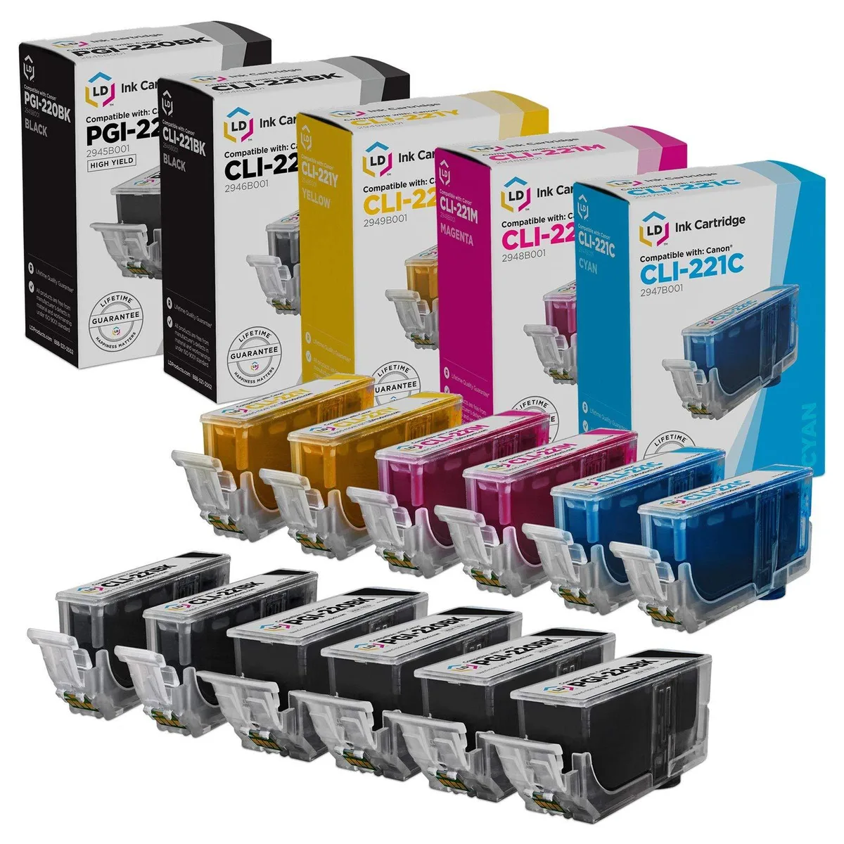 Twelve ink cartridges in assorted colours inside a single pack