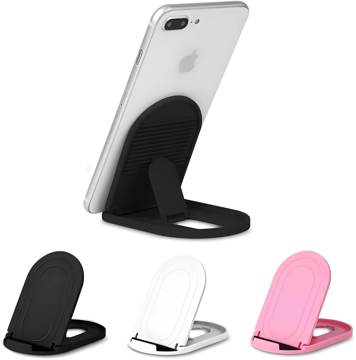 Three foldable phone stands in black white pink with silicone grips