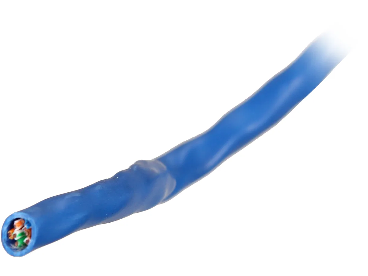 Blue solid UTP Ethernet cable on a 1000 ft bulk roll